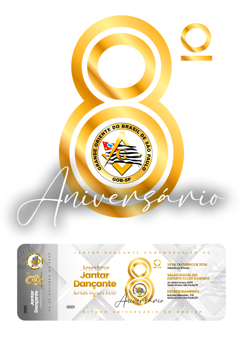 Flyer do evento Jantar Dançante Comemorativo ao 8º Aniversário do GOB-SP
